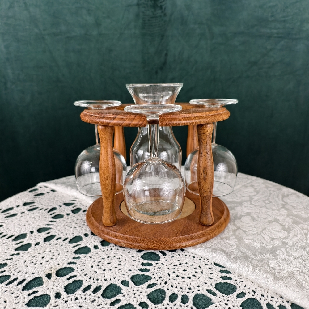 Vintage Decanter and Wine Glass Set with Teakwood Holder